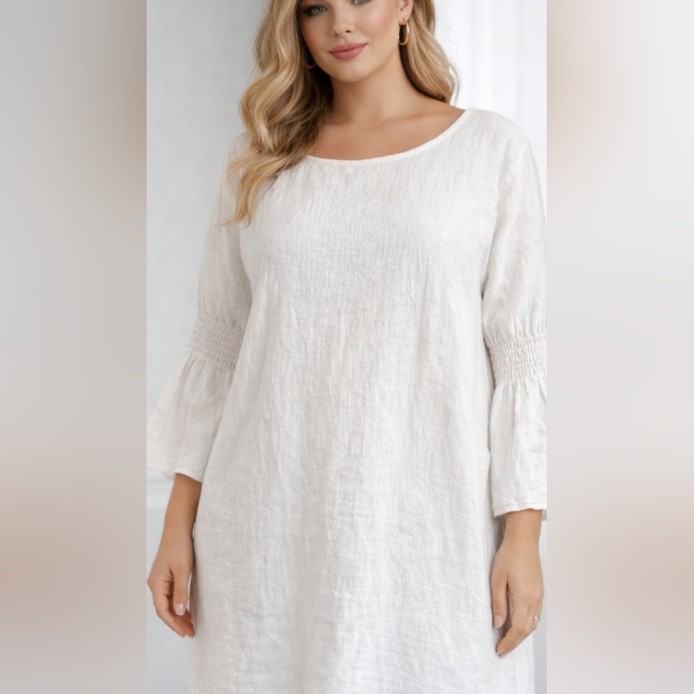 Lungo L'Arno 100% Textured Linen Smocked Bell Sleeve Dress Size Medium